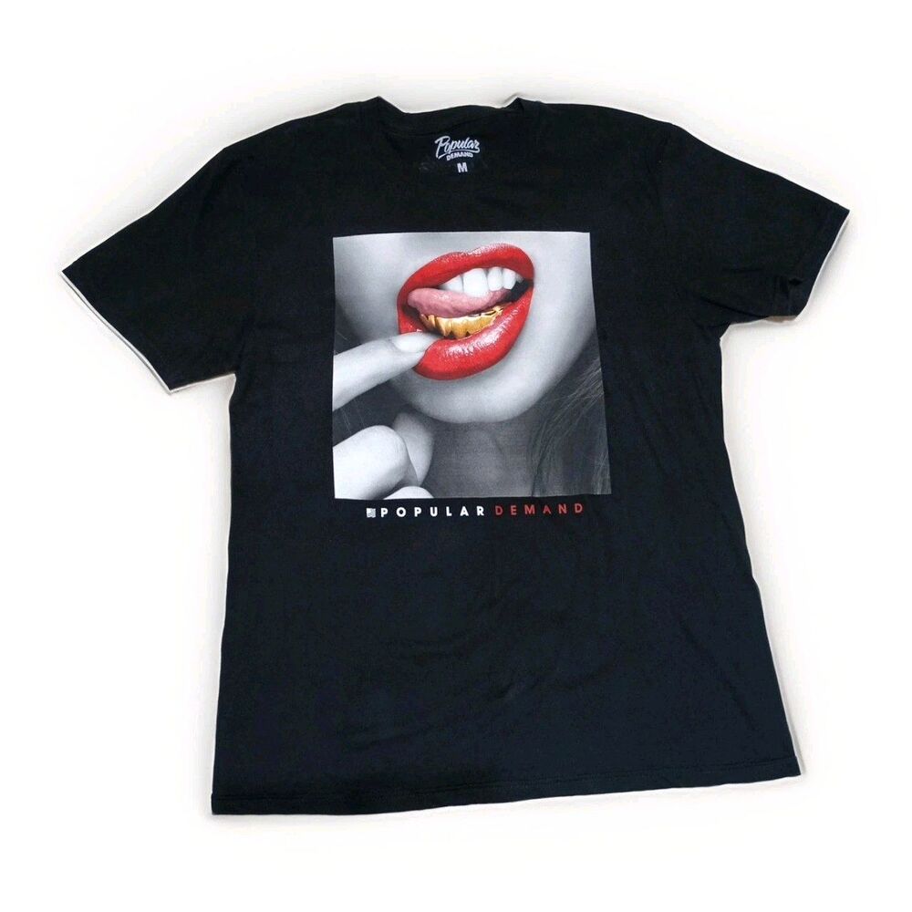 Popular Demand Black Graphic T-shirt Lips Gold Teeth Mens Size Medium